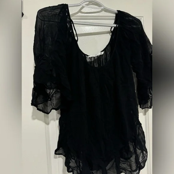 Zara Trafaluc Black Sheer Ruffle Hem Peasant Blouse Women’s Boho Top - Picture 2 of 4